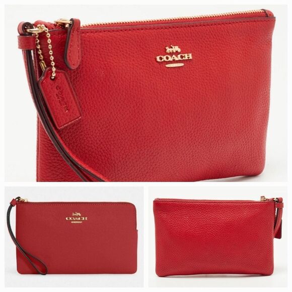 🩵NIB Coach Red Genuine Leather Wristlet w/Detachable \'Coach\' & Star Charms